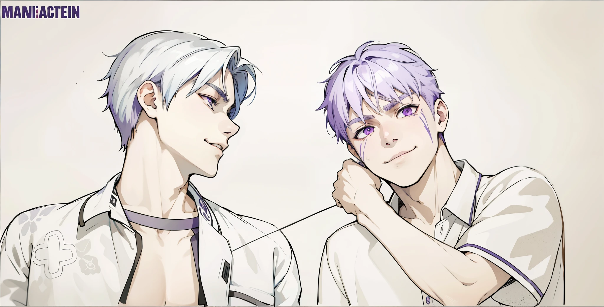 (estilo anime 2d plano)cute boy speaks evil with hate with a mischievous smile malevolent irony purple hair purple eyes aura of evil he is dangerous murderer