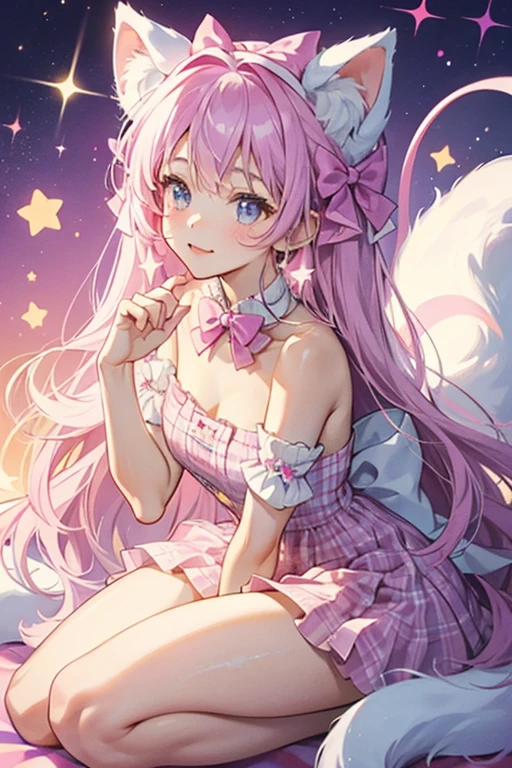 Mew is a fluffy, lilac kitten plush with a long tail and white paws. She has furry cheeks and pointy ears. She wears a white collar with a pink bow, as well as a plaid pink bow on her head , she has a yellow star in her left ear, and pink star-shaped paw pads. SPARKLE; GLITTER