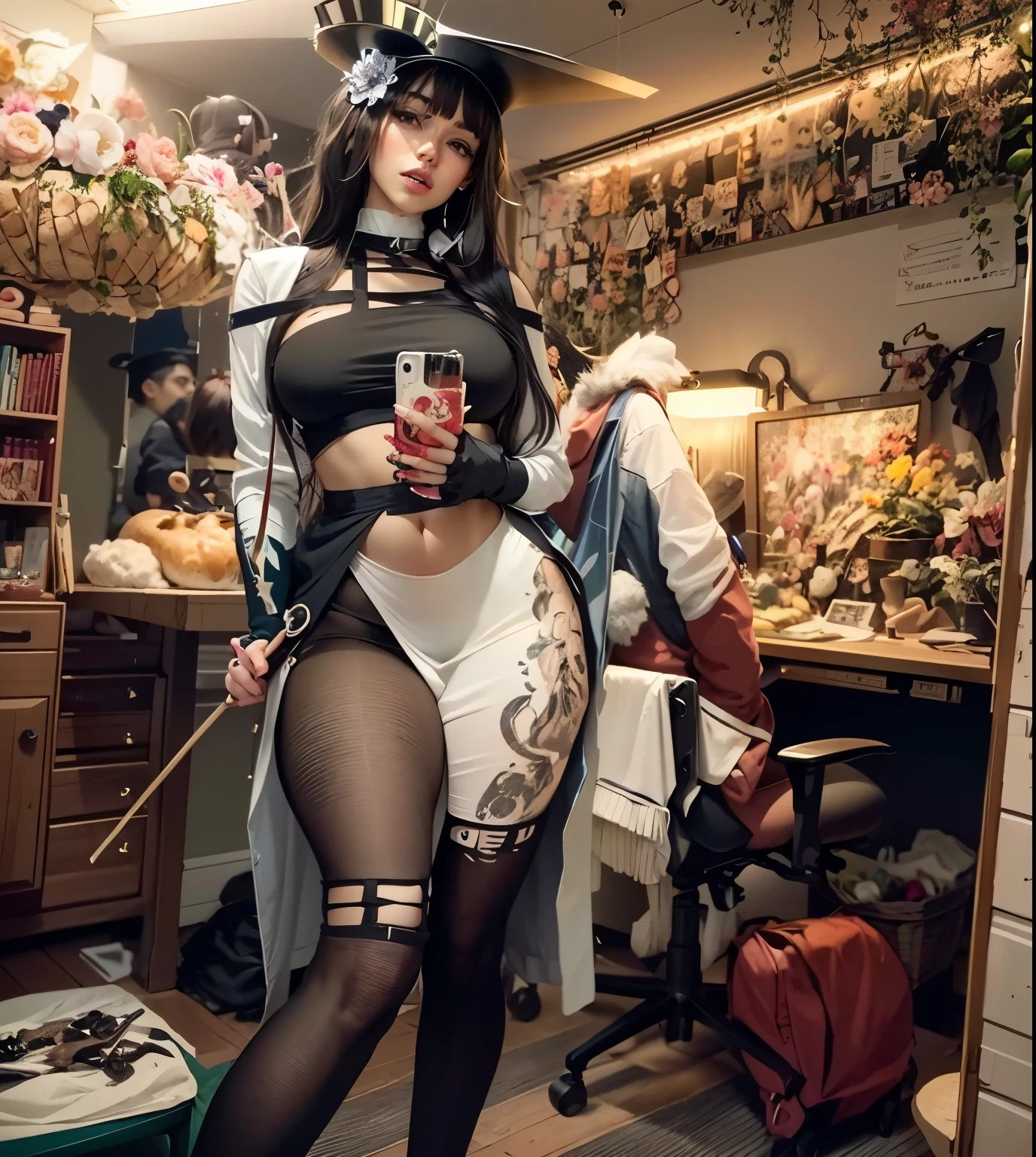 The woman's body is defined by thick thighs and cybernetic body parts, Short underwear