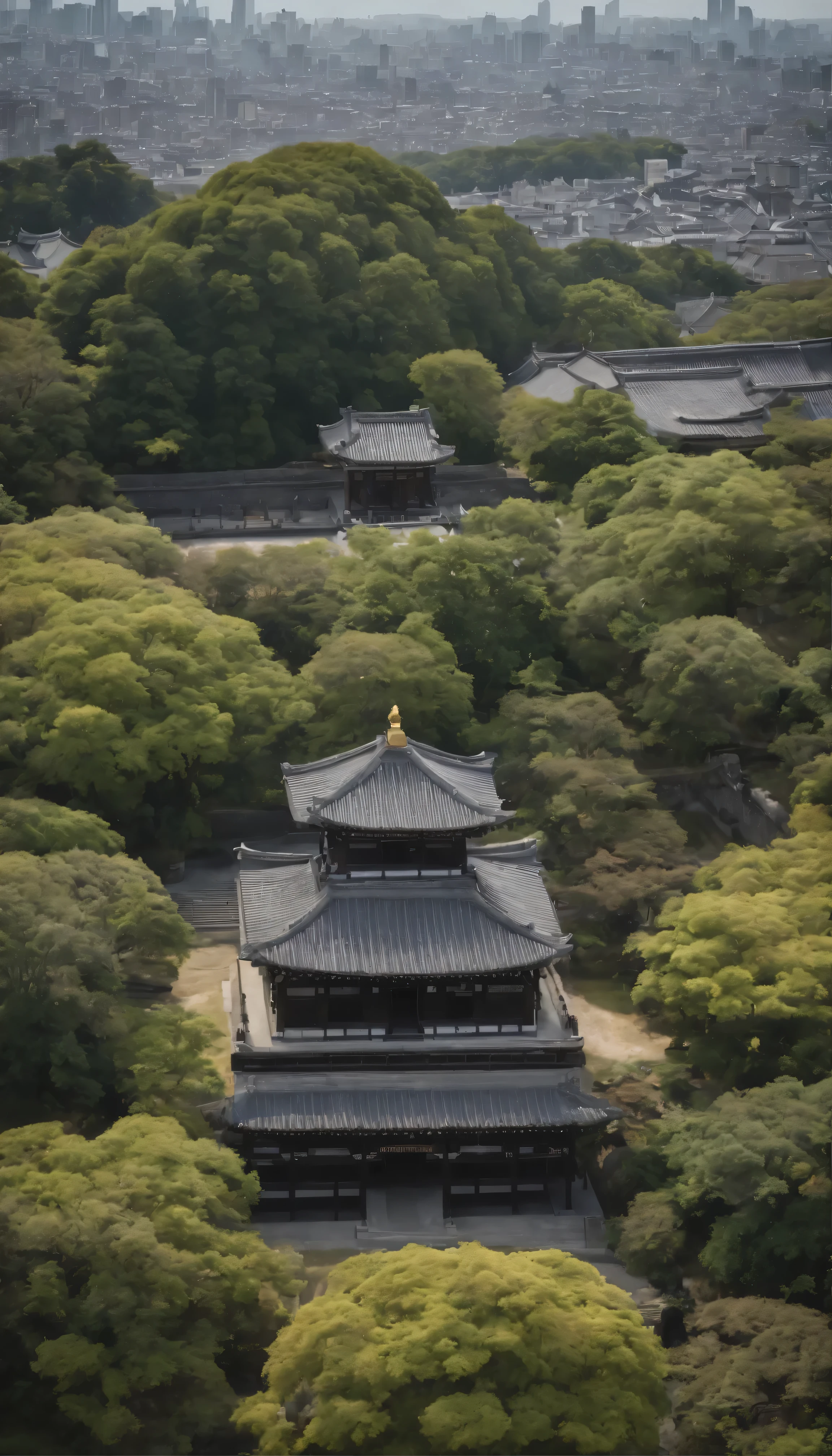 High-definition images reminiscent of a scene from a movie、The video shows an aerial shot of the Daisenryo Tomb in the Osaka Tomb Complex.。This panoramic shot、The focus is on monopoly、With a vibrant cityscape as a backdrop、Showcasing the tomb's intricate architectural details