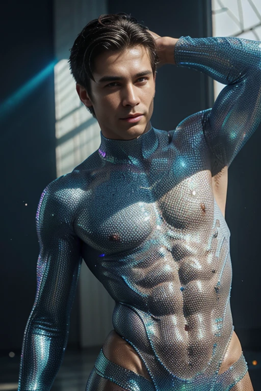 Half body photorealistic Handsome Hunky Young shirtless men wearing skin tight body suit a myriad of crystal scales, Broken Glass effect, no background, stunning, something that even doesn't exist, mythical being, energy, molecular, textures, iridescent and luminescent scales, breathtaking beauty, pure perfection, divine presence, unforgettable, impressive, breathtaking beauty, Volumetric light, auras, rays, vivid colors reflects