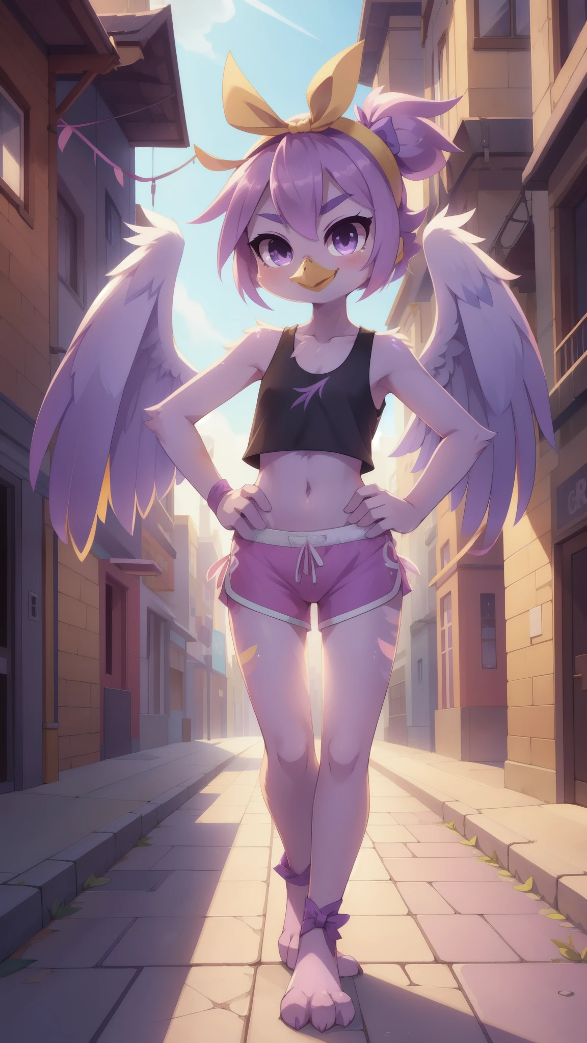 Bird girl, avian, anthro bird, yellow beak, lilac hair, short spiky hairstyle, short spiky ponytail, anime style, small breasts, purple eyes, big eyebrows, ((yellow headband with ribbon, black tank top, midriff, pink swim trunks)), high quality, detailed body, detailed eyes, detailed face, masterpiece, glistening body, detailed body fur, best quality, clear purple body fur, skinny, sassy face, back avian wings, avian, detailed hands, perfect lighting, perfect shadows, perfect eyes, perfect hair, perfect face, gorgeous body, solo, smilling, hands on hips, full body, feets with three toes, street, clear sky,