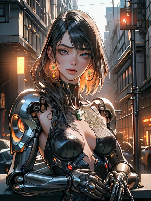 Top Quality, Masterpiece, Ultra High Resolution, ((Photorealistic: 1.4), Raw Photo, 1 cyberpunk Girl, Glossy Skin, 1 Mechanical Girl, (Ultra Realistic Details)), mechanical limbs, tubes connected to the mechanical parts, mechanical vertebrae attached to the spine, mechanical cervical attachment to the neck, wires and cables connecting to the head, Evangelion, Ghost in the Shell, small glowing LED lamps, global lighting, deep shadows, Octane Rendering, 8K, Ultra Sharp, Metal, Intricate Ornament Details, baroque details, Very intricate details, realistic light, CGSoation trend, facing the camera, neon details, (android manufactory in background), art by H.R. Giger and Alphonse Mucha.