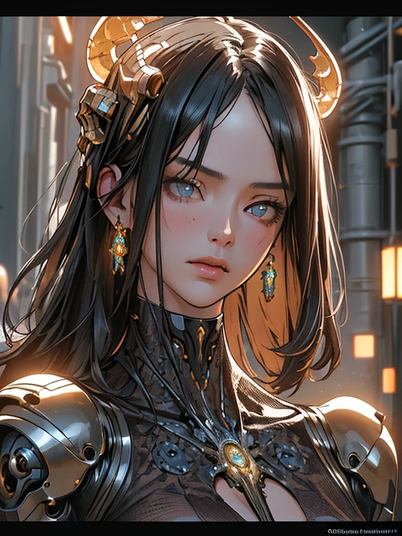 Top Quality, Masterpiece, Ultra High Resolution, ((Photorealistic: 1.4), Raw Photo, 1 cyberpunk Girl, Glossy Skin, 1 Mechanical Girl, (Ultra Realistic Details)), mechanical limbs, tubes connected to the mechanical parts, mechanical vertebrae attached to the spine, mechanical cervical attachment to the neck, wires and cables connecting to the head, Evangelion, Ghost in the Shell, small glowing LED lamps, global lighting, deep shadows, Octane Rendering, 8K, Ultra Sharp, Metal, Intricate Ornament Details, baroque details, Very intricate details, realistic light, CGSoation trend, facing the camera, neon details, (android manufactory in background), art by H.R. Giger and Alphonse Mucha.