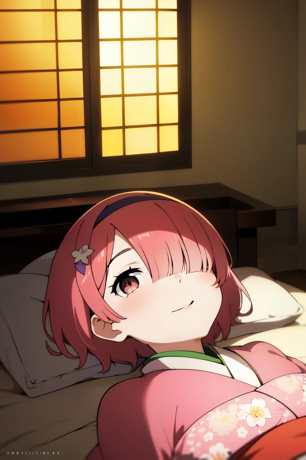 Anime background art, bottom of room, one bed, lying on a bed, beautiful anime scenes, 4K anime art wallpaper, 4k anime art wallpaper, Rosla global illumination, anime girl, 1 girl, LORA similar, best quality, detailed, alone, looking at the viewer, mouth closed, smile, short hair, flower headbands, hair accessories, definition in the eye, right eye covered by hair, perfect face, perfect hair, pink hair, pink eyes, kimono costume.