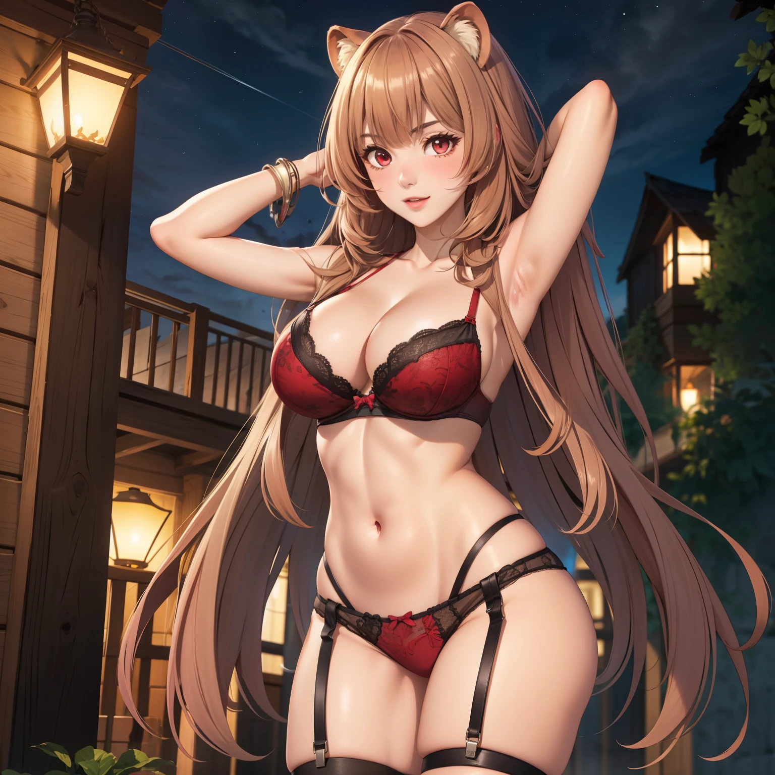 1 sola chica, Raphtalia. atractiva mujer. orejas de oso, cabello rubio-naranjo brillante cola de caballo, cabello en cola de caballo,, red eyes like rubies, sonrisa,, pale skin, pechos grandes, lingerie sexy crimson red bra and panties, standing facing viewer with hands behind head, manos en sus caderas, fondo una habitacion de hotel de lujo, de noche.