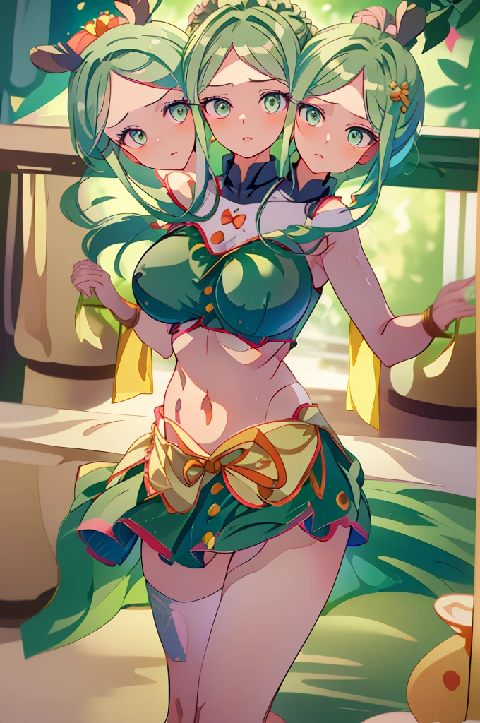 (masterpiece, best quality), best quality, (ultra-detailed), (3heads:1.5), 1girl, (mai tereida:1.3), masterpiece, best quality, ultra quality, ultra resolution, dark green top, crop top, ((stomach)), midriff, ((groin)), dark green skirt, normal ears, shackles, reseda green hair, very long hair, wavy hair, long sidelocks, pea colored eyes, parted lips, single horn, sweat, cute, toned belly, hand on own chest, eyelashes, (24 year old woman:1.3), (masterpiece:1.5), (best quality:1.5), (beautiful detailed), extremely detailed CG, extremely delicate and beautiful, depth of field, (finely detailed face), (perfect details:1.2), (mature female:1.3), wide pelvis, slender, large veiny breast, 16k resolution, highres, very high quality, very high definition, extremely detailed, masterpiece, reseda green hair, long hair, alluring presence, braid, short skirt, close up, big tits, young, waist apron,