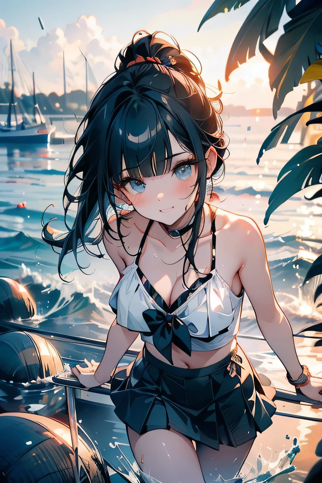 (high angle,cleavage),((masterpiece, highest resolution,best quality)), (beautiful illustration), ((semi long beautiful black hair,blunt bangs,pony tail,beautiful eyes)),(solo),(elegant swimsuit, Japanese high ,sailor,mini skirt),(looking at the viewer), (bathing in the sea),(innocent cute laugh,teeth), (cinematic lighting),beach, sand, blue sky, waves, coconut tree,fish,boat,sea gull,