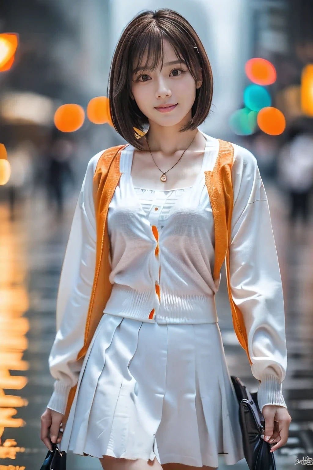 (Walking in the rainy city。18-year-old female:1.5)、(My whole body is soaked from head to toe:1.2)、(The best quality at its best:1.4), (Super detailed), (Very detailed CG unified 16k), Beautiful woman with perfect figure: 1.4, Sharp focus: 1.2, Very detailed, High-quality RAW color photos, Professional photography, Great face and eyes, cosmetics, (Amazingly beautiful girl), ((Summer Cardigan、White flared skirt:1.5)), (Raincoat:1.5)、Sexy posture，(View from below), Realistic movie faces, Wide zoomed out view of head to foot length, Full body long view, Realistic, ((Realistic natural orange red hairstyle, Realistic blue eyes)), ( Short Bob Hair:1.5), (necklace:1.5)、, Very beautiful face, Perfect model beauty, Mouth swelling, Highly detailed face and skin texture, Fine grain, double eyelid, Medium chest, smile, (masterpiece), highest quality, High resolution, Very detailed, Blurred Background, Depth of written boundary, Cinema Lighting, Great legs, , Clear, well-maintained skin, 