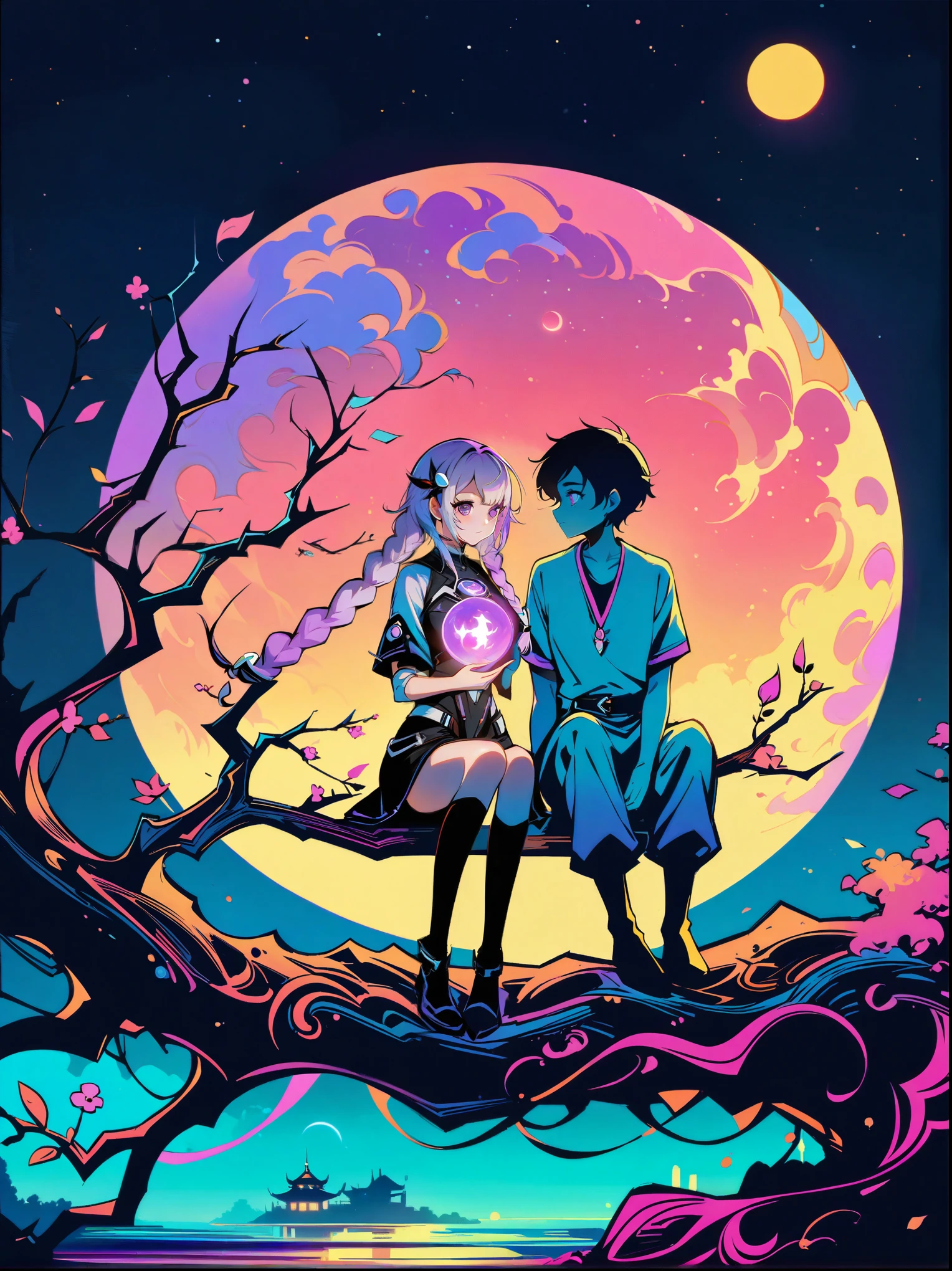 yinji,Romantic,night,Backlight,1girl, (((Symmetrical hair accessories, Purple and white gradient double ponytail long hair, Purple Eyes))),(Purple double long braids:1.3),,There is a full moon behind,Fresh colors,Soft colors,Diode lamp,Concept art style,Extremely complex details,Clear distinction between light and dark,Structured,Ultra HD, 1yj1