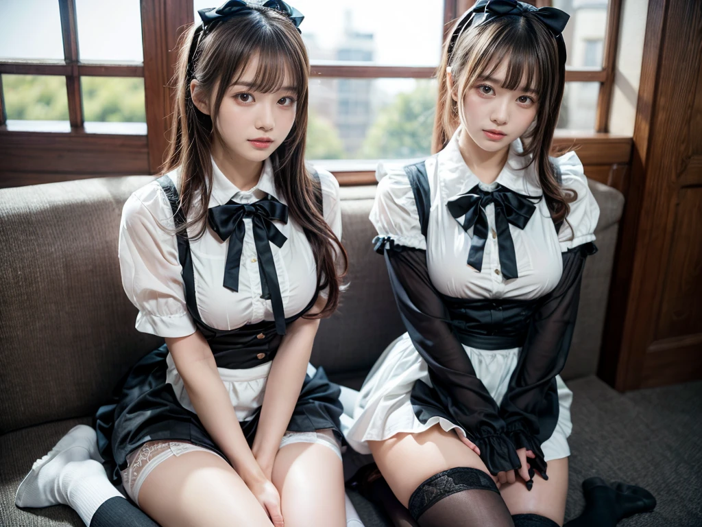 (8K, Raw photography, top-quality, masterpiece:1.2), master piece, best quality, illustration, Super detailed, fine details, High resolution, 8K,wall paper, perfect dynamic composition,(Details High quality, realistic depiction of eyes:1.3), ((2 girls, 2 schoolgirls)), huge breasts,The background is a luxury hotel room、(bow ribbon, Maid, knee high socks:1.3), Play with each other,Touching each other's bodies,Touching the body of the girl next door, short bob hair, black hair color, huge breasts, Big Natural Color Lip, bold sexy pose, (perfect body shape), crying a little、cold gaze, Beautiful makeup,glitter makeup,Cutest 18 years old, beautiful legs, hposing Gravure Idol, Voluptuous thighs