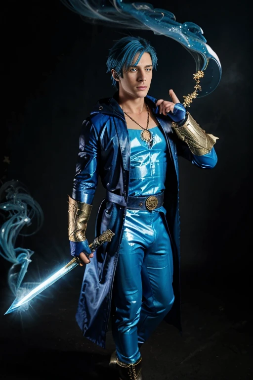 Masterpiece, top quality, blue hair, blue lightning, pointing the finger at yourself. Magic. Another world. Blue smoke billows. Handsome. Handsome man. Cool. A man in his 20s. Eyes that glow blue. blue latex spandex with boots and gloves. Airborne particles. Cloak. Necklace. Robe of feathers. A large sword with a blue pattern. Gold feather robe. Gold crown with diamonds. God.