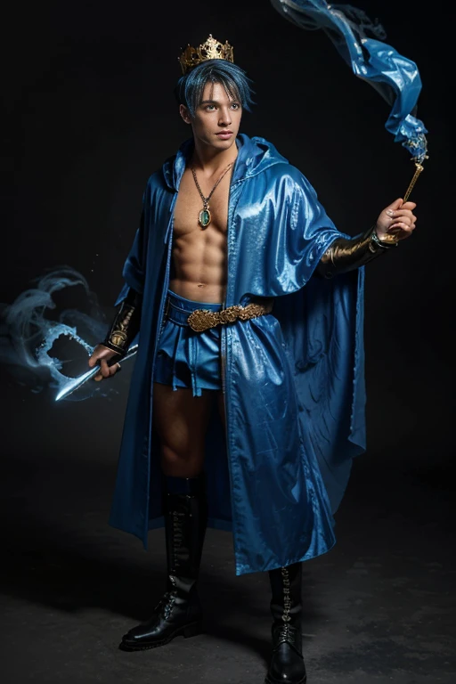 Masterpiece, top quality, blue hair, blue lightning, pointing the finger at yourself. Magic. Another world. Blue smoke billows. Handsome. Handsome man. Cool. A man in his 20s. Eyes that glow blue. blue latex spandex with boots and gloves. Airborne particles. Cloak. Necklace. Robe of feathers. A large sword with a blue pattern. Gold feather robe. Gold crown with diamonds. God.