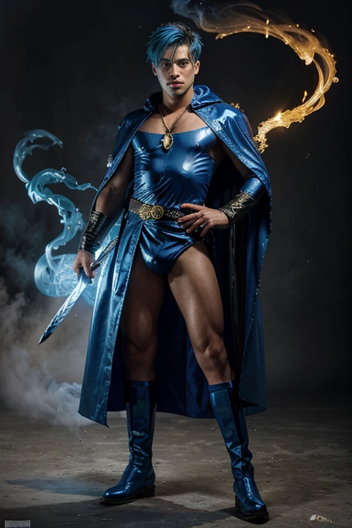 Masterpiece, top quality, blue hair, blue lightning, pointing the finger at yourself. Magic. Another world. Blue smoke billows. Handsome. Handsome man. Cool. A man in his 20s. Eyes that glow blue. blue latex spandex with boots and gloves. Airborne particles. Cloak. Necklace. Robe of feathers. A large sword with a blue pattern. Gold feather robe. Gold crown with diamonds. God.