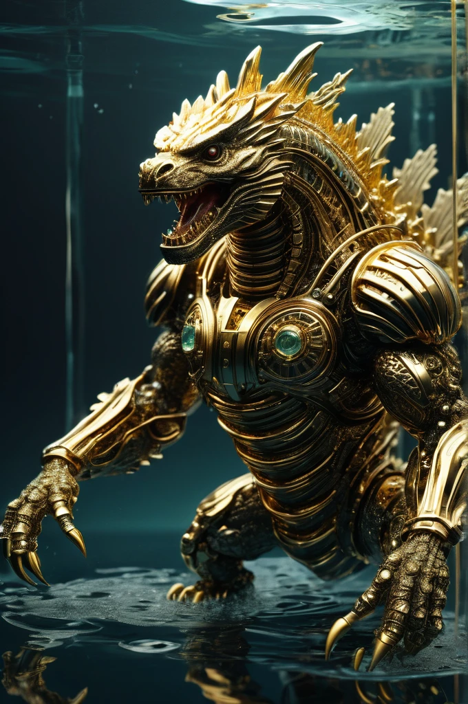 Biomechanical Godzilla monster made of gold and glass, Intricate details, , Extremely detailed, Reality,3D style,cyborg style,In the water,Vaporpunk,Biopunk style,Stills,half-mechanical,Futurism,Movie