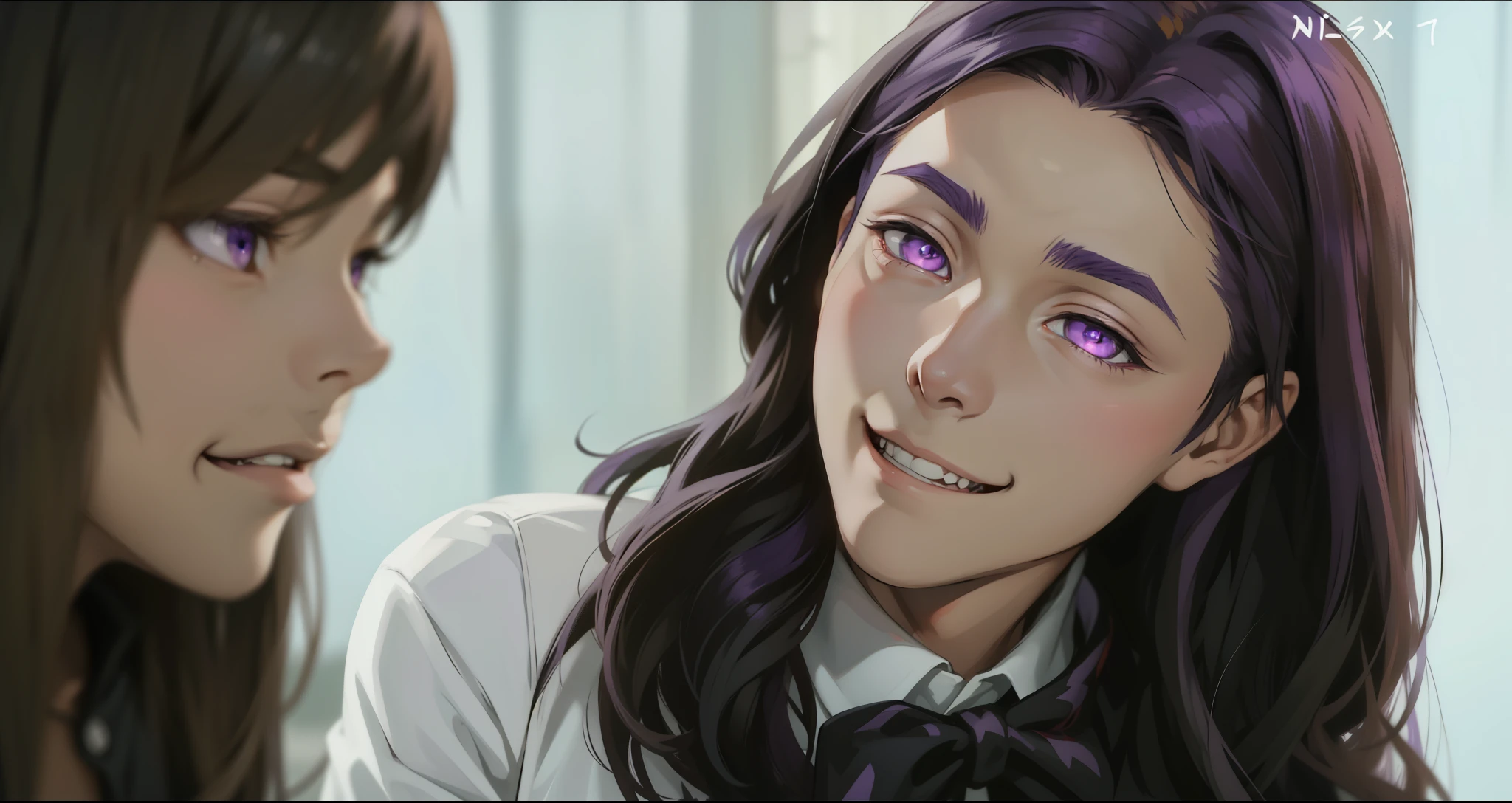 (estilo anime 2d plano)cute 16 year old boy speaks evil with hate with a mischievous smile malevolent irony purple hair purple eyes aura of evil he is dangerous murderer