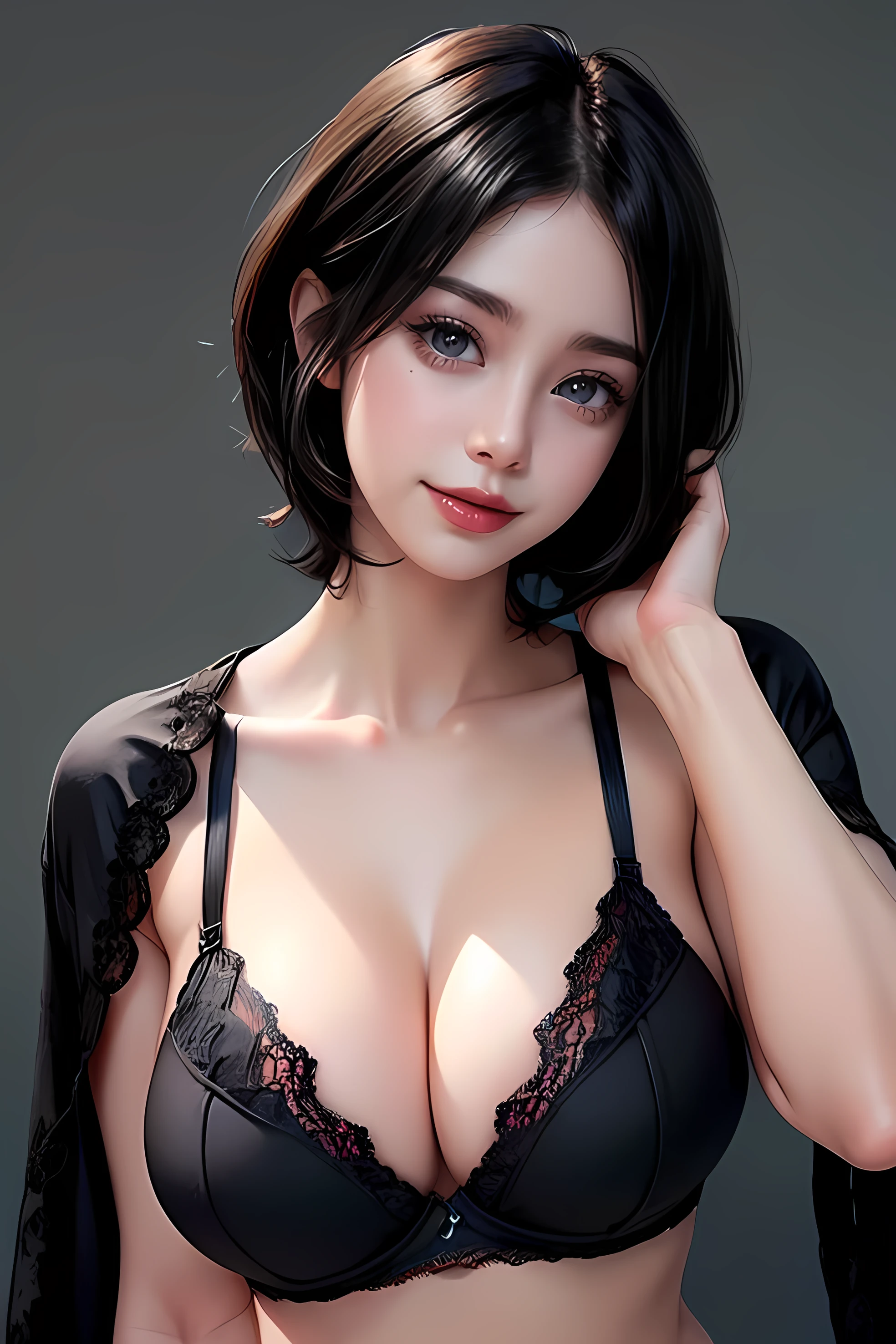 1girl,((35 year old mature woman)),(((small black bra and lace thong))),((((1 girl))),(blue eyes)),(Very Intense Makeup)), smiling, ((red lipstick)),((woman in makeup)), short hair, black hair,((Huge breasts,)),((cleavage,))),extremely realistic female eye,(((solamente))),cuerpo perfecto,manos perfectas,cara perfecta,
