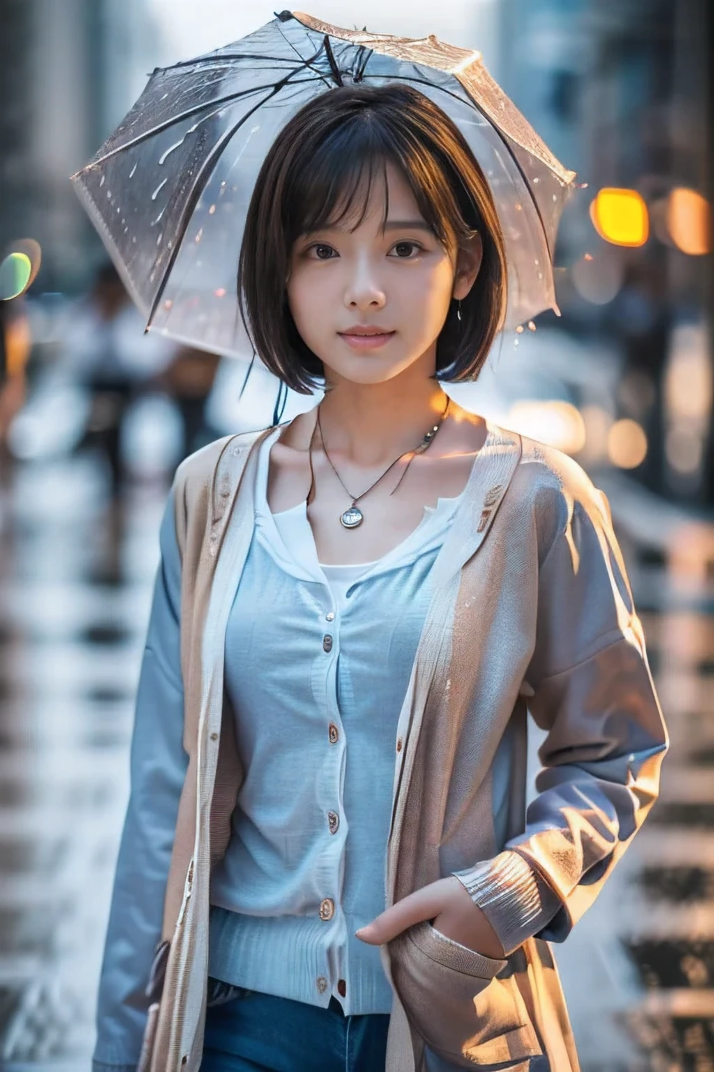 (Walking in the rainy city。18-year-old female:1.5)、(My whole body is soaked from head to toe:1.2)、(The best quality at its best:1.4), (Super detailed), (Very detailed CG unified 16k), Beautiful woman with perfect figure: 1.4, Sharp focus: 1.2, Very detailed, High-quality RAW color photos, Professional photography, Great face and eyes, cosmetics, (Amazingly beautiful girl), ((Summer Cardigan、White flared skirt and raincoat:1.5)), (Raincoat:1.5)、Sexy posture,(View from below), Realistic movie faces, Wide zoomed out view of head to foot length, Full body long view, Realistic, ((Realistic natural orange red hairstyle, Realistic blue eyes)), ( Short Bob Hair:1.5), (necklace:1.5)、, Very beautiful face, Perfect model beauty, Mouth swelling, Highly detailed face and skin texture, Fine grain, double eyelid, Medium chest, smile, (masterpiece), highest quality, High resolution, Very detailed, Blurred Background, Depth of written boundary, Cinema Lighting, Great legs, , Clear, well-maintained skin,