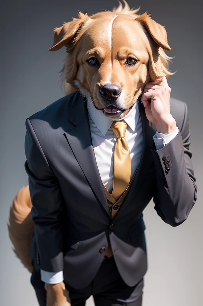 Anthropomorphic dog, Golden Retriever Breeds, Wearing a suit and tie, Hands on face, Surprised face, Very detailed and realistic, Anthropomorphic figure in a suit, Looks like a human