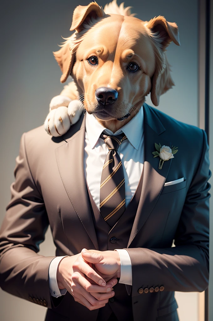 Anthropomorphic dog, Golden Retriever Breeds, Wearing a suit and tie, Hands on face, Surprised face, Very detailed and realistic, Anthropomorphic figure in a suit, Looks like a human
