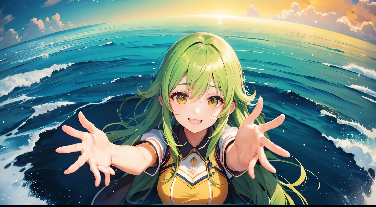 GUMI、1people、Reaching out to hold hands、smile、Anime Style、masterpiece, highest quality, Super detailed, Beautiful illustrations