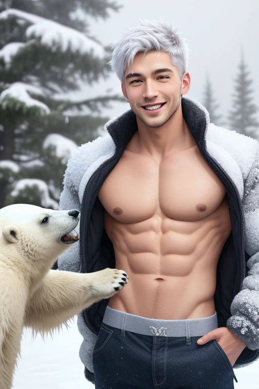 best quality,masterpiece,Ultra high detail,A handsome muscular man,Short white haired Fractal Jack Frost, shirtless in the snow . playing with the snow owl and polar bear, smiling