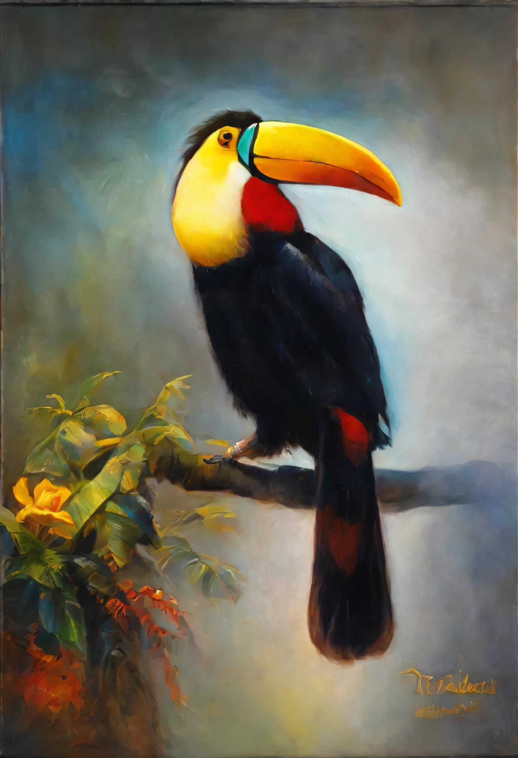 oil painting, toucan, fica graciosamente em um galho, The strong morning light diffuses through the mist,Suba lentamente, Highlight your complex feathers with dramatic side lighting, estilo leonardo da vinci, renoir, van gogh, chirico, michelangelo, chirico, degas