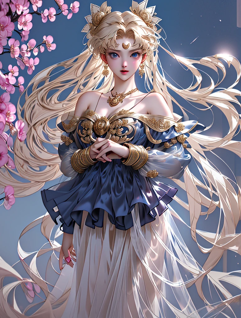(Ultra-realistic 8k CG:1.2),perfect work of art,Exquisite pattern,Intricate details, cel shading,
(An unrivalled masterpiece,best quality:1.2),(extremely complex:1.2),70mm telephoto lens,
------------------------------- kpop idol,Korean beauty,Korean mixed,
(1 Girl,Solitary:1.2),Miss,Girl,Bright Eyes,(Moist skin,National Foundation:1.1),
(Absurdly long hair:1.4),Flowing hair,Wind,Strong wind,Hair accessories,
-------------------------------
(Silk and ribbon on front:1.3),earrings,Filigree,Separate sleeves,Wide sleeves,
(See through clothes,Translucent clothing,armband:1.2),(Revealing clothes),Jewelry,
(cleveage,Bare shoulders,Strapless,simple necklace,Bandeau dress,No:1.1),
-------------------------------
(Sky,Idle animations,Simple background,Leaves and plants in front :1.2),
-------------------------------
(meishaonv,gun,blue eyes,Tsukino Usagi,twice as good,Sailor collar,new moon,Keep weapon,Keep,美Girl战士:1.2)