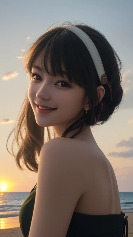 (8k, RAW photograph, highest quality, masterpiece:1.3),(Genuine,photograph:1.37),(Looking at the audience:1.331),Pause,Beachfront,Morning view,sunrise,sunny,One girl,とてもbeautiful顔,small,Hair weight,Fluffy hair,Random representation,Smile with the corners of your mouth,Big eyes,highest quality Hair,((highest quality)), ((masterpiece)), (detailed), whole body、wallpaper、Attention to detail、Perfect balance、Tight waist、Light brown hair、beautiful, Beautiful Skin、beautiful white skin、(masterpiece:1.3), 一眼レフphotograph、Best image quality: 1.4, Soft bust、Cleavage:1.4、30 years old