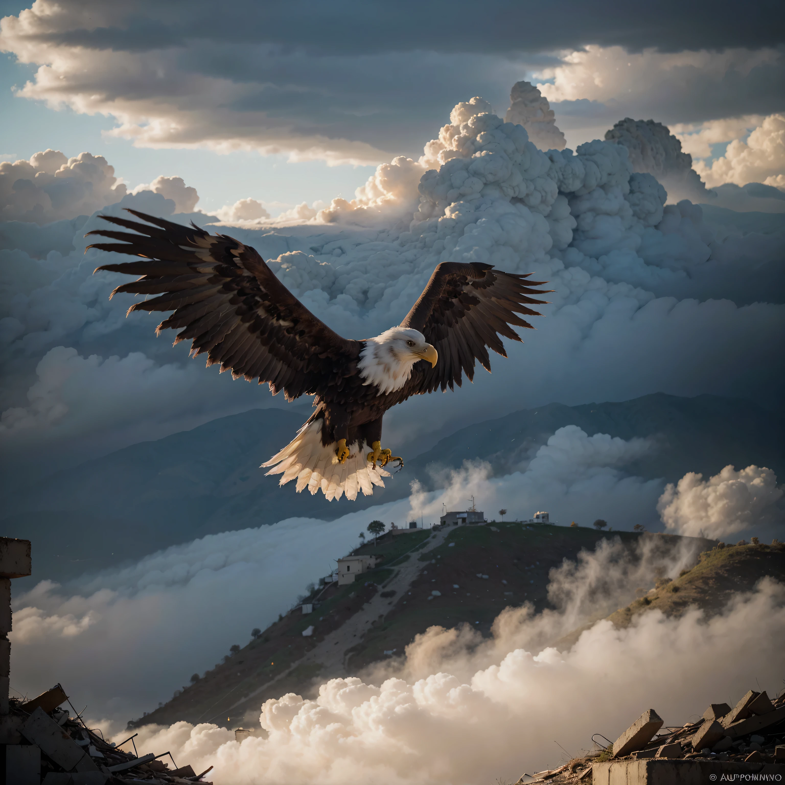 An imposing eagle majestically flies over a post-apocalyptic scenario, guiada por uma luz divina que ilumina seu caminho. Your wings are wide and powerful, each feather perfectly aligned and reflecting celestial light with an ethereal glow. The beak is curved and sharp, symbolizing strength and determination, enquanto seus olhos, profundos e penetrantes, parecem conter a sabedoria de eras passadas.
Abaixo dela, the earth is devastated. Destroyed structures and rubble scatter everywhere, while nature slowly tries to reclaim its space among the ruins. Smoke and dust hang in the air, suavemente dispersadas pela brisa suave. The sky is a dramatic mix of dark clouds and rays of golden light, that break through the darkness as promises of renewal and hope.
The divine light that guides the eagle is intense and pure, creating a sharp contrast to the gloomy setting. This celestial glow outlines the eagle's figure clearly, destacando cada detalhe de sua plumagem e conferindo-lhe uma aura quase sobrenatural. There is no deformity in the scene; Image quality is excellent, each element captured with clarity and precision.
the Eagle, com suas garras afiadas prontas para qualquer desafio, is a symbol of resilience and renewal, flying with grace and authority over a world that, despite being destroyed, still holds out hope for a new beginning.