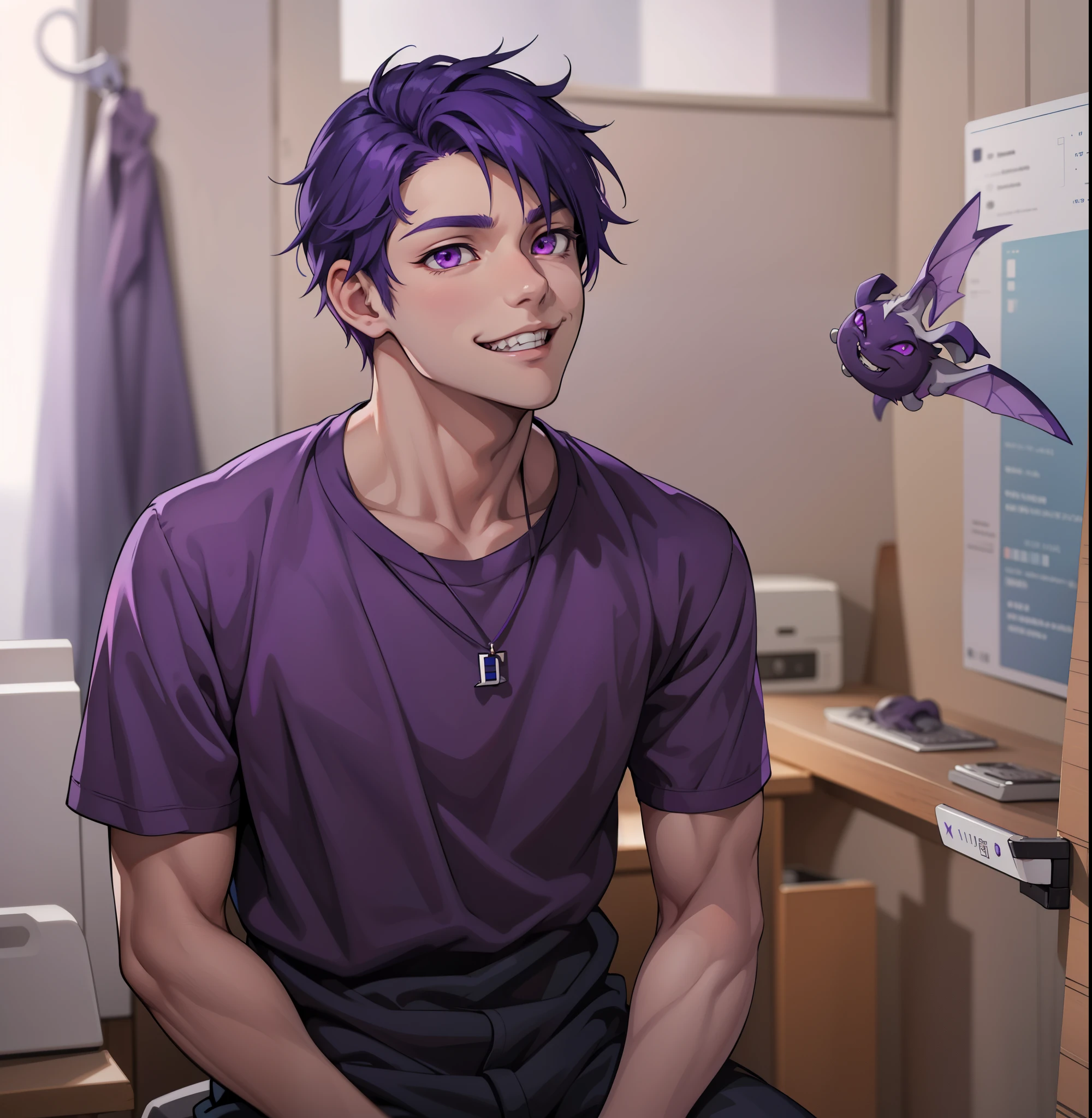 (estilo anime 2d plano)cute 16 year old boy speaks evil with hate with a mischievous smile malevolent irony purple hair purple eyes aura of evil he is dangerous murderer