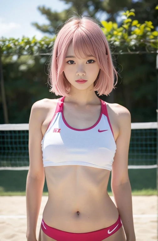 (nude :1.35),(Pink Hair :1.3), 8k, RAW Photos, highest quality, masterpiece: 1.2), masterpiece, 超detailed, Ultra-high resolution energy A, (Realistic and photorealistic photography: 1.37), High-resolution RAW color photos, Very delicate and beautiful., About Igree, 8k wallpaper, wonderful, detailed, 非常にdetailedな目, 非常にdetailedな皮膚, 非常にdetailedな指, 非常にdetailedな鼻, 非常にdetailedな口, Perfect Anatomy,One Girl, (Volleyball Uniforms), Blurred, Blurred Background, Blurred foreground, blush, Braiding, Pectoral muscle, Written boundary depth, Eyebrows visible through hair, Hair between the eyes, Volleyball court, I can see my belly button、short hair, alone, Huge 、Nogizaka Idol、Korean Idol、Carving an idol pose、 star、18-year-old、expensive、Korean Idol、Nogizaka Idol、 star、Carving an idol pose、((Whole Body Ezbian)), ((Sculpture Pose))