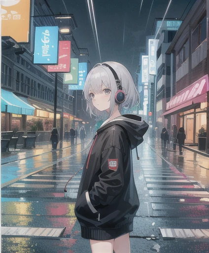 masterpiece,One girl,alone,Incredibly absurd,hoodie,Headphones, street,Outdoor,rain,Neon Light,