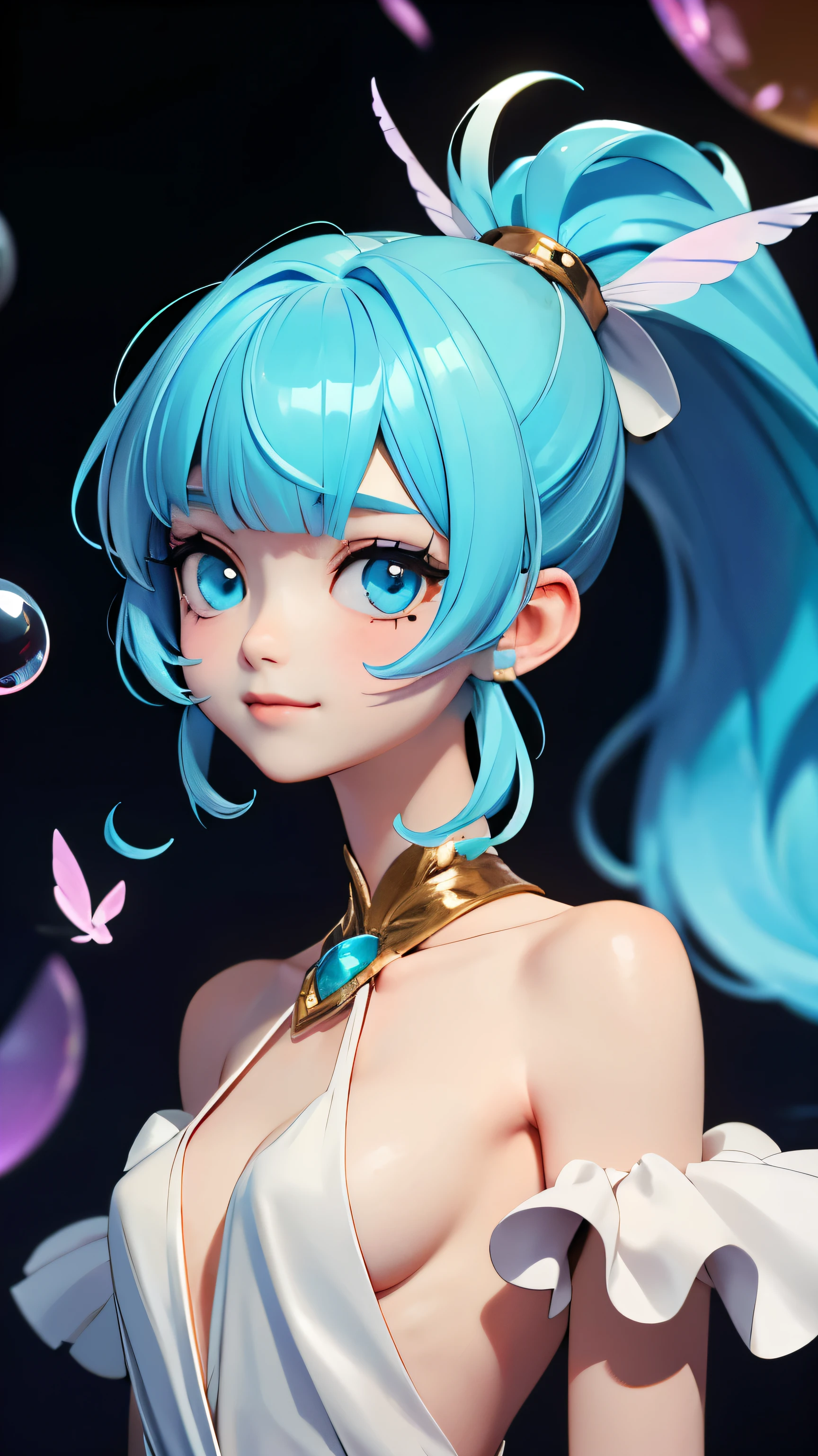 (masterpiece), (highest quality), (Super detailed), (Disheveled Hair), (figure), (One Girl),Small Bust,, (Fashionable clothes), Are standing, Fashion Model, Beholder, (interview), (Simple Background), Beautiful and beautiful eyes, Delicate and beautiful face, floating, (High chroma), (Colorful Splash), Colorful Bubbles, (Shine), Focus on the face, ponytail, Light blue hair, bangs, Hair Ring, floating Flowers, floating Hairs, (The Shining), Best lighting, Best Shadow,Completely naked,topless,A shy smile,Happi Flutter,