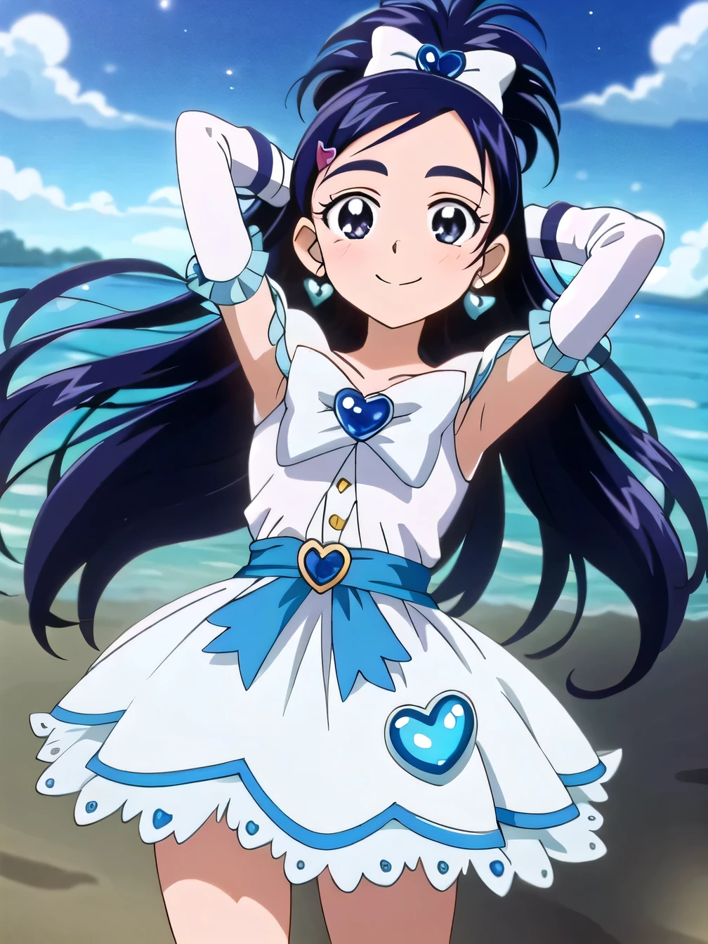 (masterpiece), best quality, (cel anime), highest quality, ((high detail:1.2)), (HDR), (cinematic light:1.1), highres, 1girl, solo, (curewhite:1.5),(little girl:1.5), high quality, solo, night sky, beach, {arms behind head}, contrapposto, closed mouth, spread armpits, (cowboy shot:1.5), looking at viewer, smile,  half updo, jewelry,  earrings, dress, white dress, magical girl, heart brooch, frills, ribbon, bow, black hair,arm warmers, blue hair, heart earrings, black eyes, gloves, hair ornament, smile,
