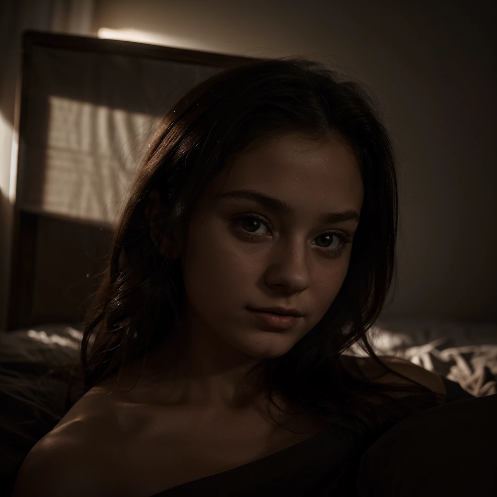 Portrait of an 18 year old cute beautiful perfect face it teen, she is happy, very beautiful Russian, raw, in bed, (dark private study, dark and moody light: 1.2)