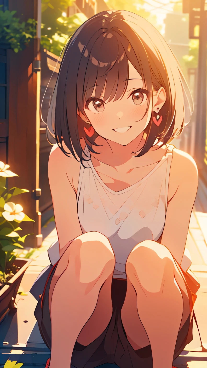 brown hair, hair behind ear, bob cut, heart earrings, smile, pov, ccurate, textured skin, best quality, HD, super detail, Midsummer, black sleeveless, shorts, sneakers