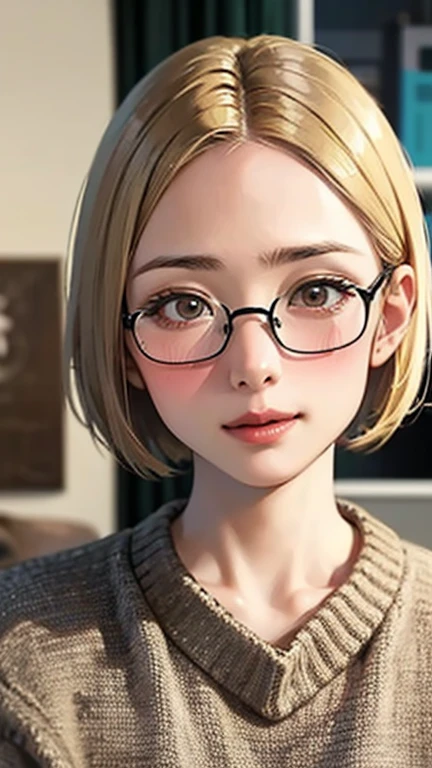 1 female, /(Tight sweater/) V-neck, Mature Woman, /((((short hair、Light brown hair、Blonde hair)))) Beautiful forehead, Stylish Glasses、Bright red lips、A gentle blushing smile, (Masterpiece of the highest quality:1.2) Delicate illustrations, super detailed,  /(Modern house living room/) indoor