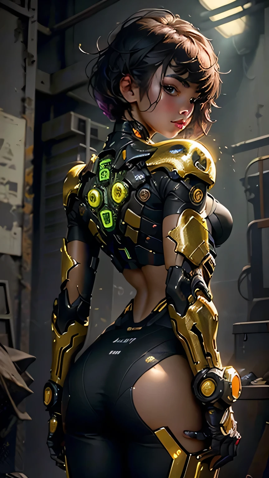 Beautiful cybernetic girl looking at camera underwear detailed muscles realistic masterpiece,Active Pose、action pose、LED Light、Gold Parts、bangs、Short Hair、back view、backs