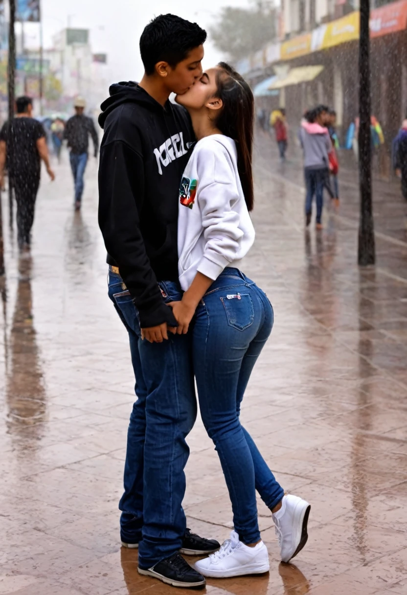 18-year-old Mexican girl, slim complexion with a somewhat large bust, a medium and firm butt, wearing a sweatshirt and jeans in a plaza in Mexico with the rain, having a kiss with a boy with a white skin tone, with a little belly of 1.72m de alto con el pelo negro corto con una sudadera mojada con perspectiva como si fuera una selfie