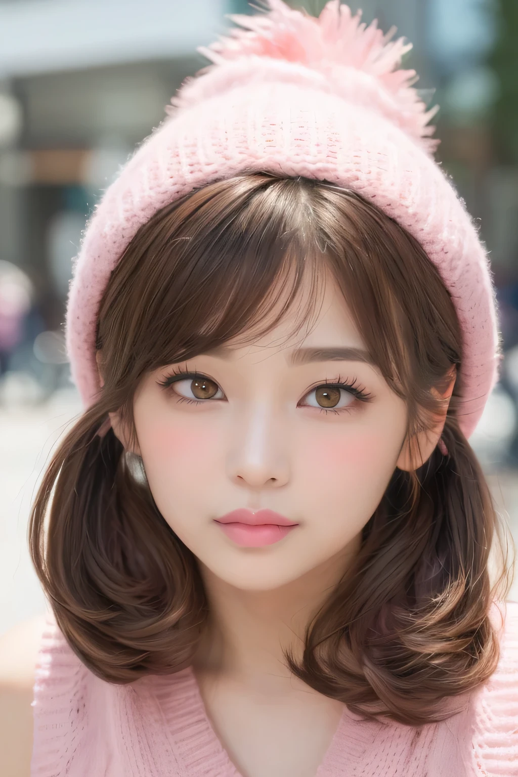 Tabletop, highest quality, shape, Very detailed, finely, High resolution, 8k wallpaper, Perfect dynamic shape, Beautiful and detailed, 、(Brown Hair、short hair、Hair Bun、Twin tails、Bangs are available、Trendy Korean makeup:1.4), Scapula, Glowing Lips,Genuine, bangs, (Golden ratio face、plump lower lip、Pink Lips:1.4)、Natural Lip, , (Big Breasts:1.6), whole body,Cleavage((Knitted hat))(((Blurred big city in the background)))(((Wear sleeveless knitwear))) 、(Pink blush on the tip of the nose、Cheeks:1.8)、Smile