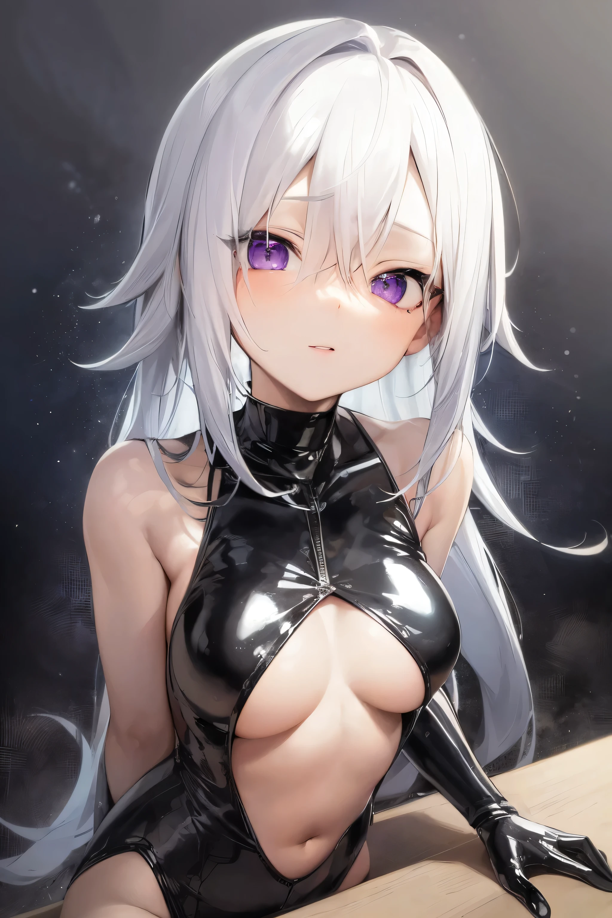 No panties, No clothes, Woman with open legs, White hair, a purple eye,is shy,exposing her chest,The kinky is exposed,long whitr hair,Stick out her tongue,No obstructions