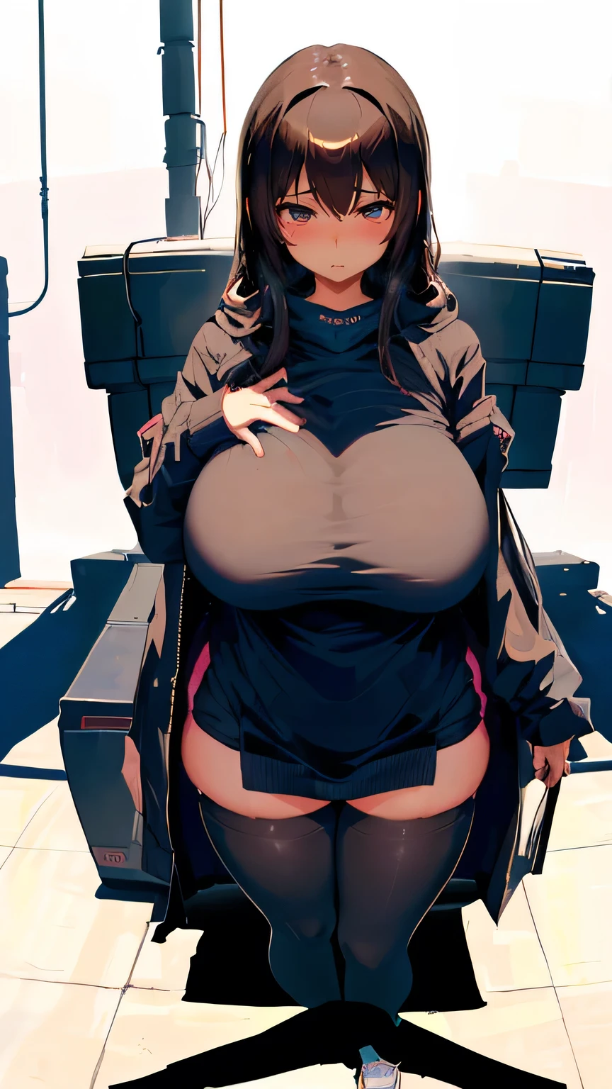 anime girl has large breasts sitting on a chair, tits, have large breasts, thick, Big Breasts!!, (SFW) Safe at Work, tits proportions, Big Breasts!, SFW huge breasts, have large breasts, breasts covered and SFW, She has tits, Big Breasts, covered SFW huge breasts, tits cyberpunk