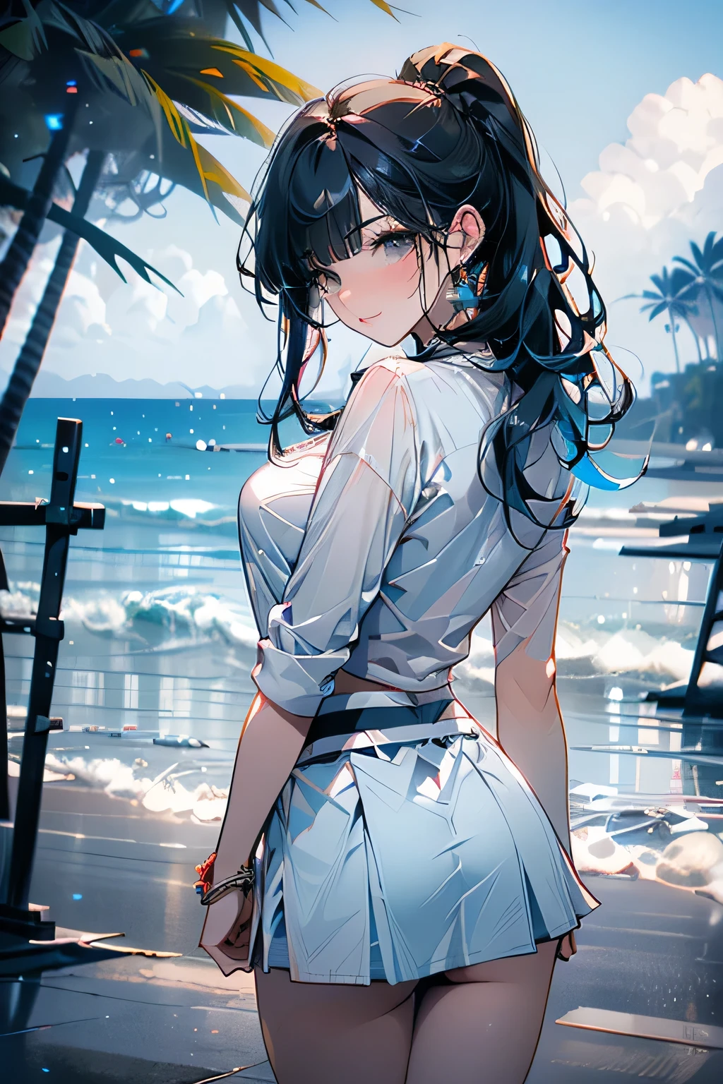 ((panty shot)),((lifting skirt)),((white panties focus)),Looking back,(low angle,from below),((masterpiece, highest resolution,best quality)), (beautiful illustration), ((semi long beautiful black hair,blunt bangs,pony tail,beautiful eyes)),(solo),(elegant swimsuit, Japanese high ,sailor,mini skirt),(looking at the viewer), (bathing in the sea),(innocent cute laugh,teeth), (cinematic lighting),beach, sand, blue sky, waves, coconut tree,fish,boat,sea gull,