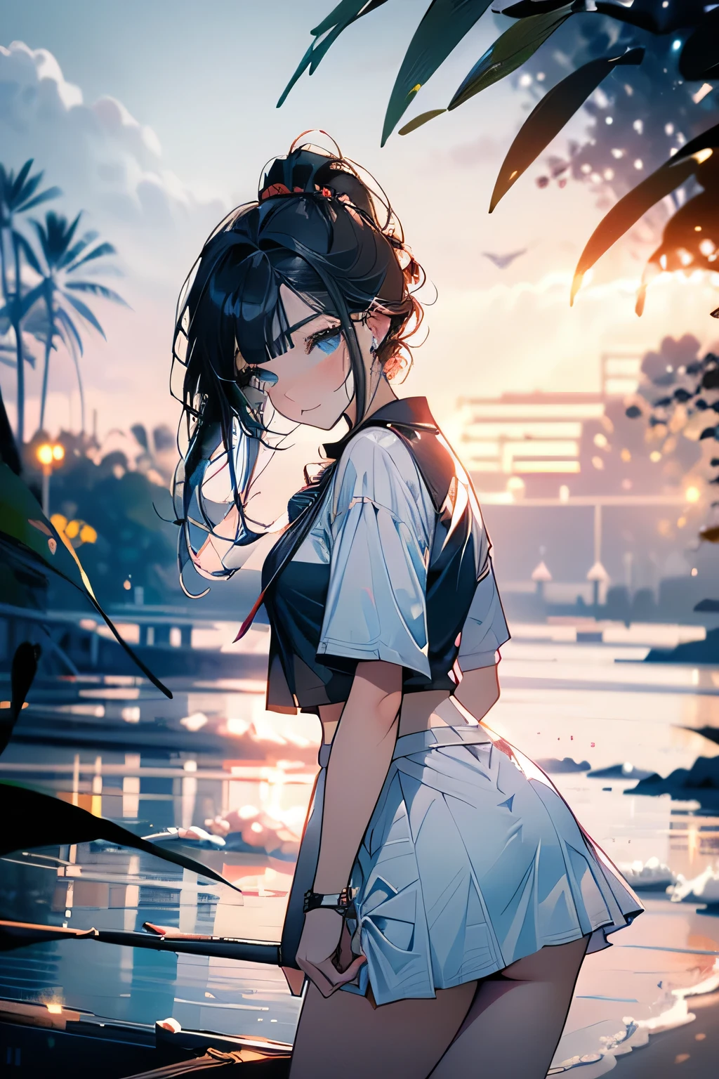 ((panty shot)),((lifting skirt)),((white panties focus)),Looking back,(low angle,from below),((masterpiece, highest resolution,best quality)), (beautiful illustration), ((semi long beautiful black hair,blunt bangs,pony tail,beautiful eyes)),(solo),(elegant swimsuit, Japanese high ,sailor,mini skirt),(looking at the viewer), (bathing in the sea),(innocent cute laugh,teeth), (cinematic lighting),beach, sand, blue sky, waves, coconut tree,fish,boat,sea gull,