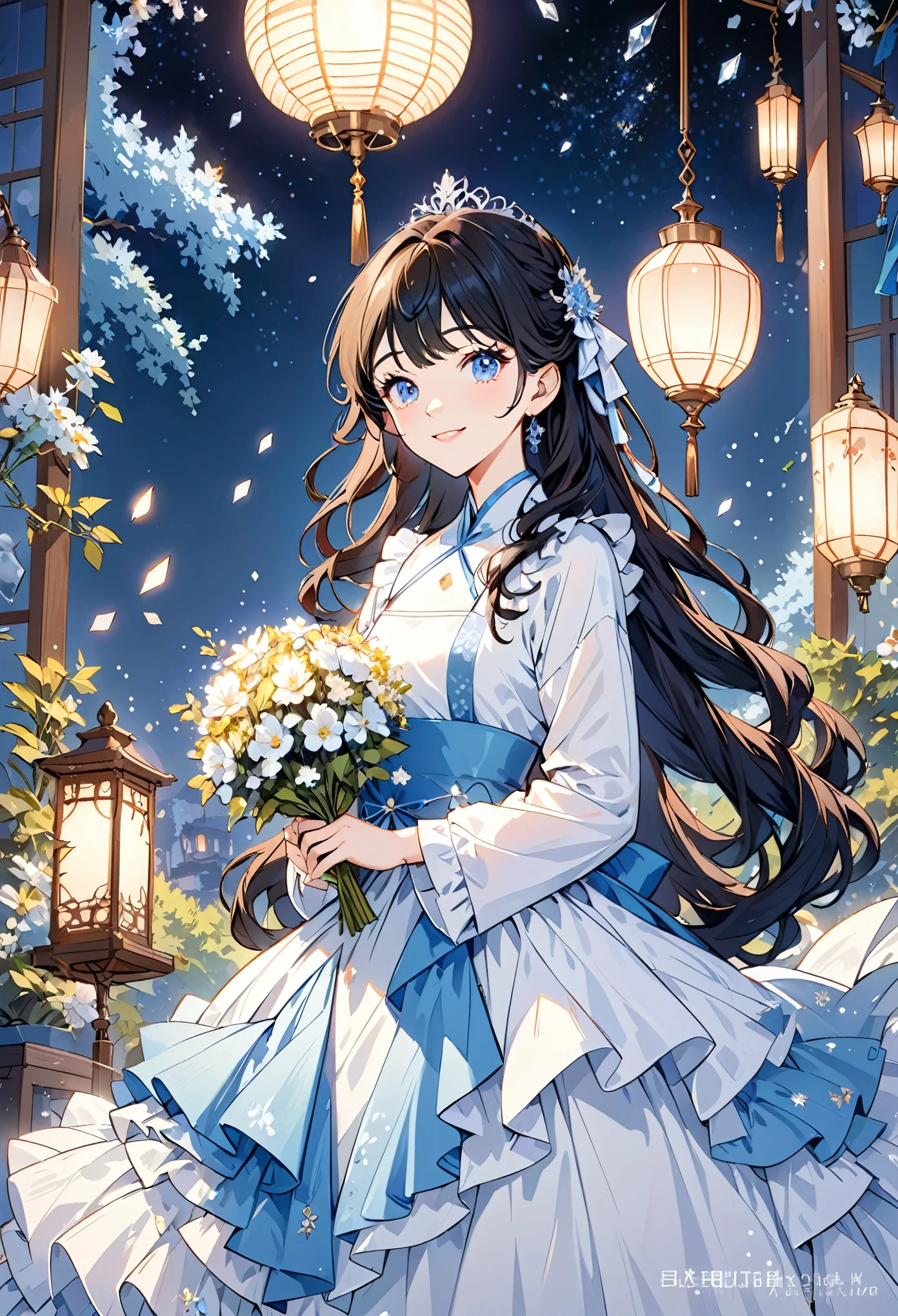 Drama, Court-style dress, Royal, Gorgeous, layered decoration, Ruffles, bow, 水晶吊lamp, Roman Curly Hairstyle, will release, diamond般的双马尾, Looking at the camera, Bangs, Minimalism, magnificent background, Detailed depiction of hair and eyes, Princess dress, Gorgeous skirts, Holding flowers, Smile, Starry Eyes, lamp, Extreme details, HD, Happy girl, Very long hair, diamond, broken diamond, Crystal Shards, Light Particles