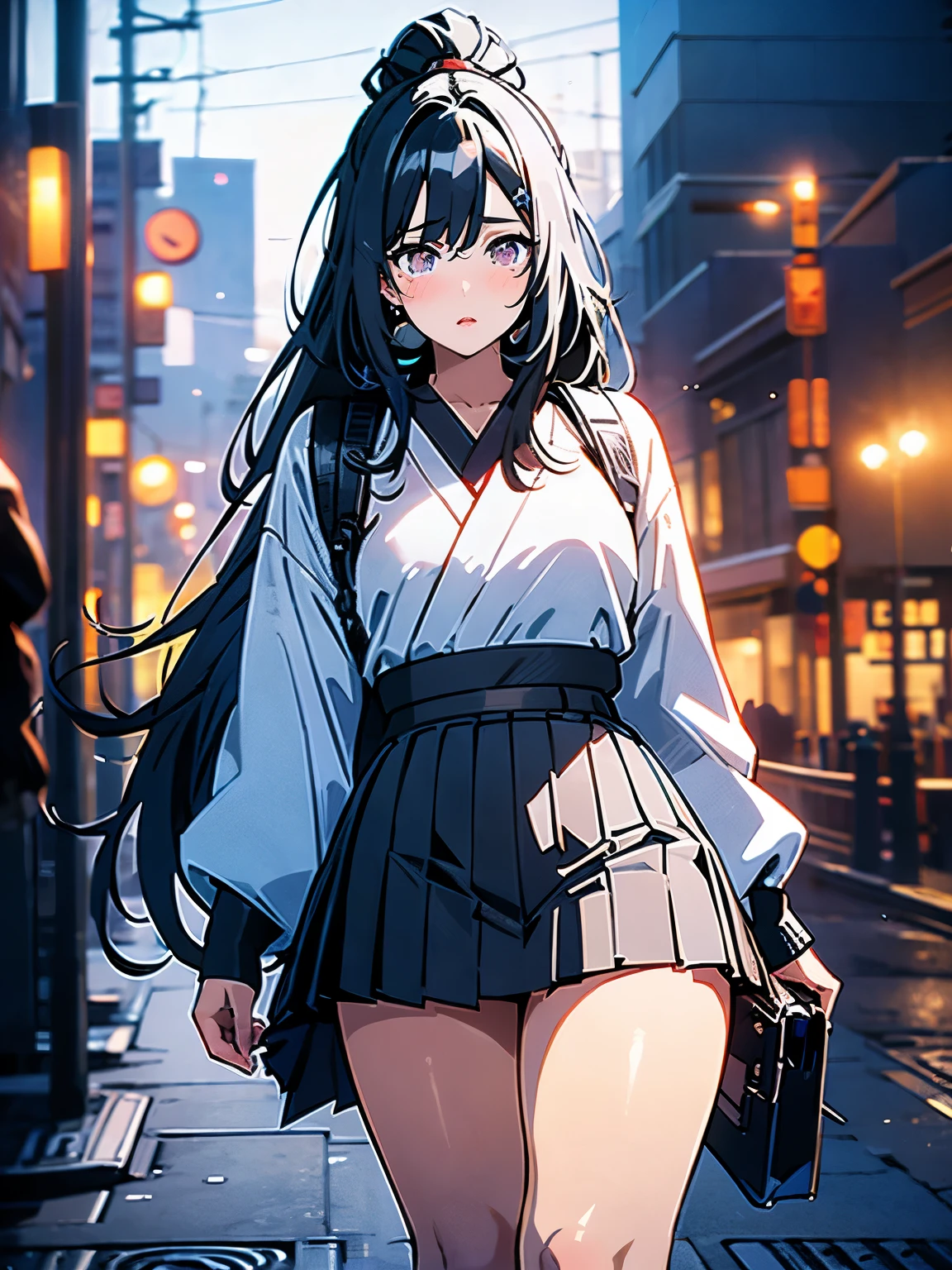 beautiful, alone, 1 chubby woman, long hair tied in a ponytail, black hair, blue highlights at the ends of her hair, silver eyes (detailed eyes), determined look, embarrassed expression, red lips (perfect lips), wide hips, thick leg, black leather kimono, pleated skirt, long fur jacket, futuristic, cyberpunk, cinematic angle, cinematic lighting, artwork, best quality, nsfw,