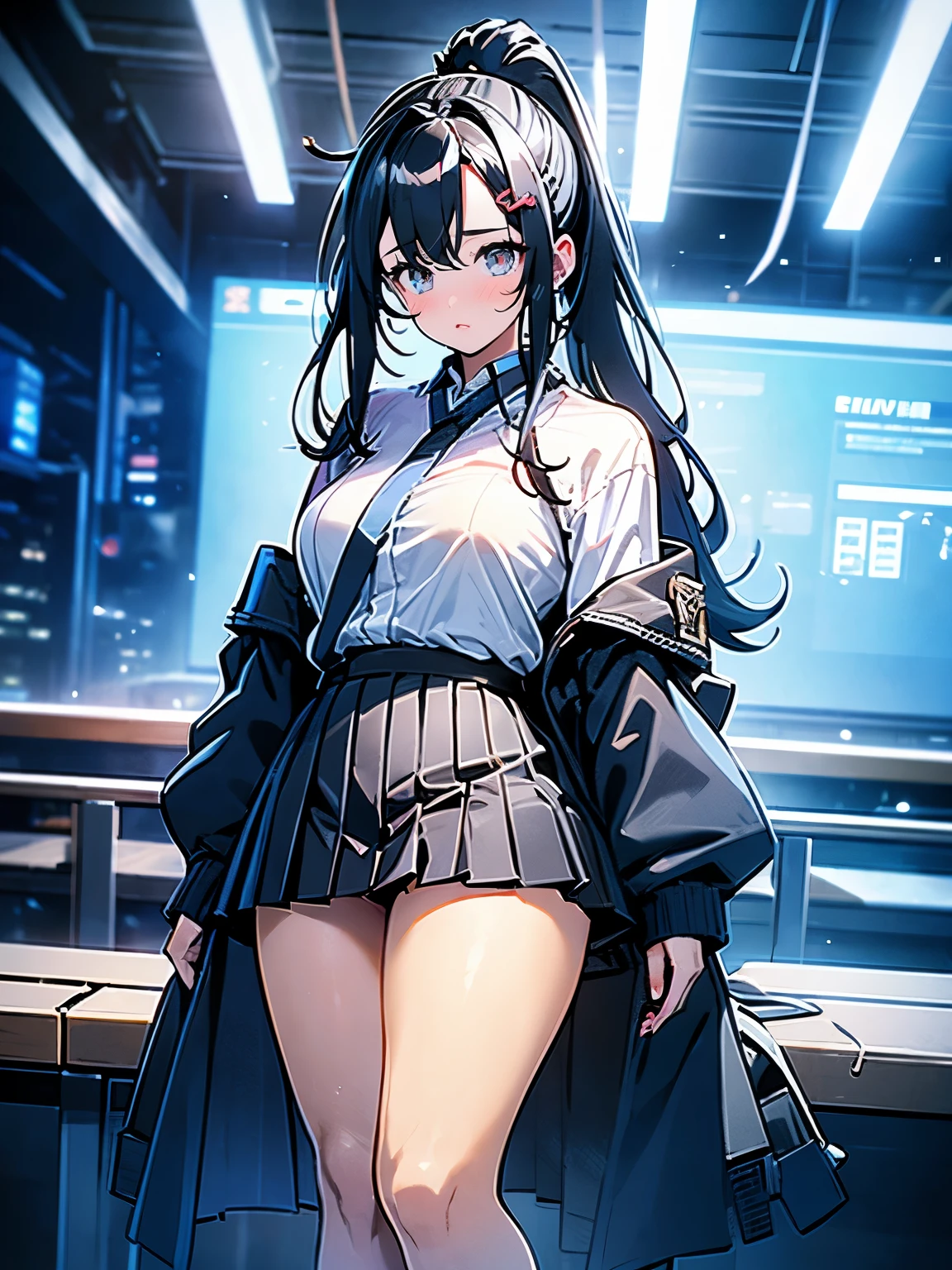 beautiful, alone, 1 chubby woman, long hair tied in a ponytail, black hair, blue highlights at the ends of her hair, silver eyes (detailed eyes), determined look, embarrassed expression, red lips (perfect lips), wide hips, thick leg, black leather kimono, pleated skirt, long fur jacket, futuristic, cyberpunk, cinematic angle, cinematic lighting, artwork, best quality, nsfw,