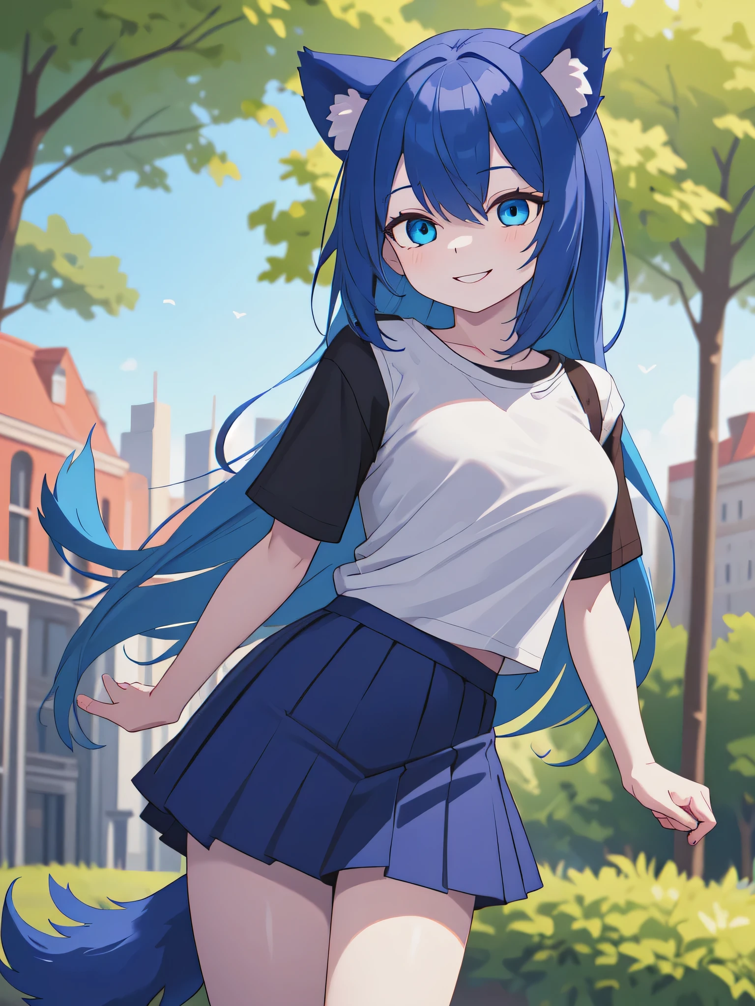 (Masterpiece) (High Detail) (High Res) A short slim humanoid girl with pale human skin and blue eyes and long blue hair and blue dog ears and a fluffy blue dog tail and medium breasts. She is stood outside in the park and is smiling shyly. She is wearing a pleated skirt and white t-shirt.