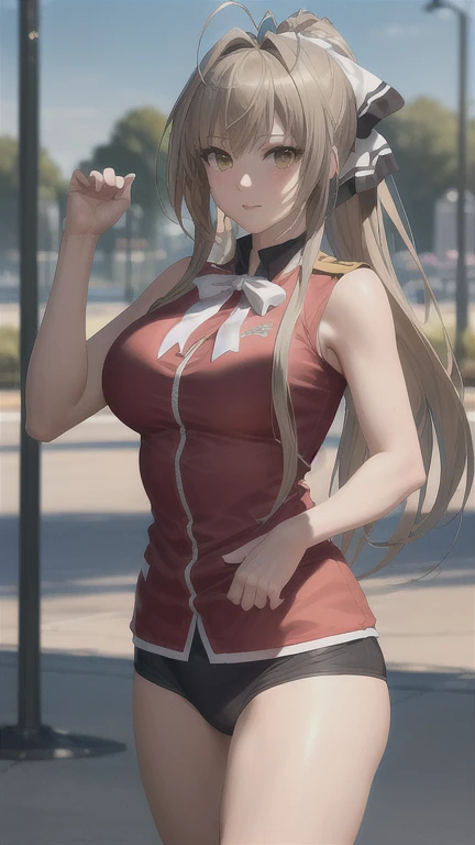 1 chica, Sento Isuzu, uniforme-isuzu, solo, de pie, feliz, parque de atracciones,   (ultra high resolution,mejor calidad), (8K, foto cruda, mejor calidad, obra maestra:1.2), professional lighting, physically based rendering, high resolution, absurdos,